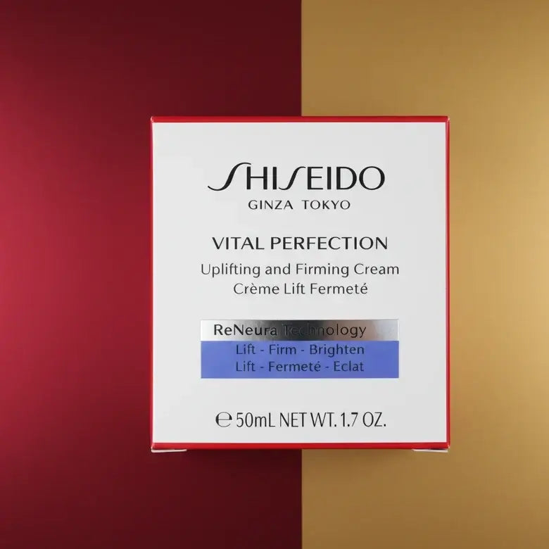 Shiseido uplifting firming cream duo packaging featuring Vital Perfection 50ml in a vibrant design.