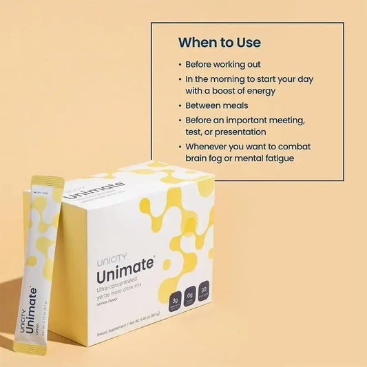 Unicity Unimate lemon drink mix packaging with product details.