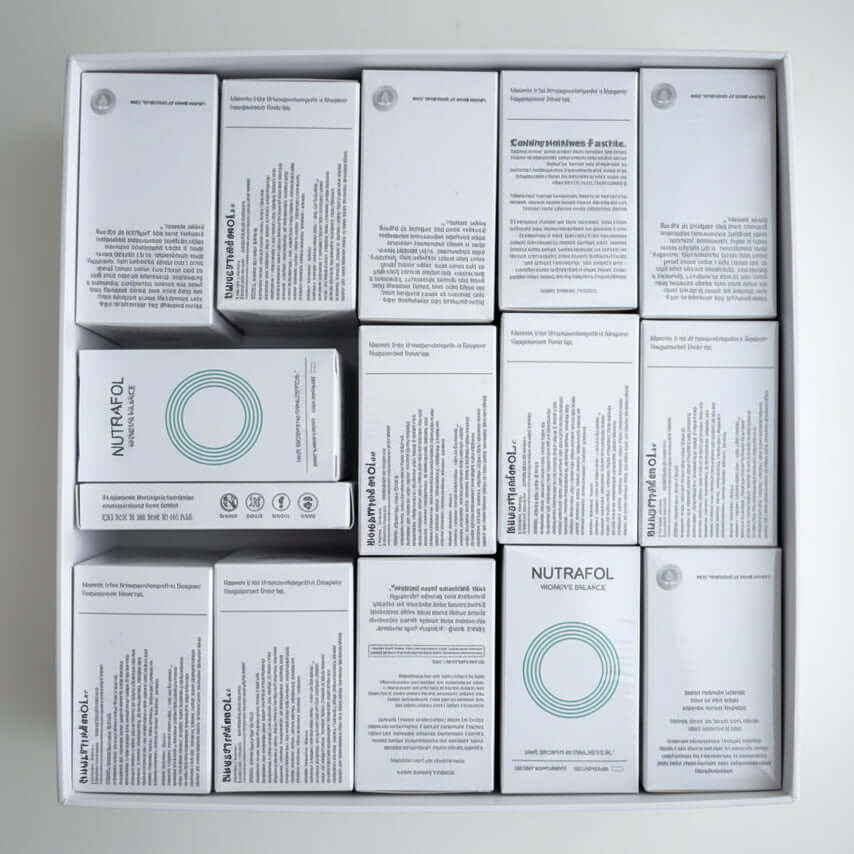 Nutrafol Women's Balance Hair Growth Support boxes arranged in a white packaging for women's hair growth supplement.