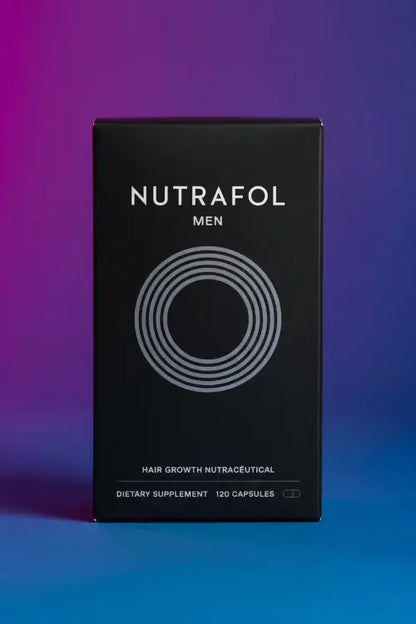 Nutrafol Men's Hair Growth Support Supplement box with 120 capsules, a men's hair growth supplement for fuller hair.