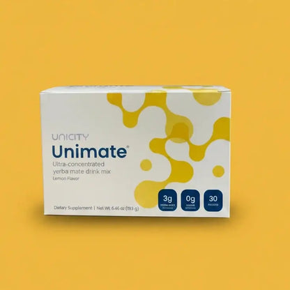 Unicity Unimate lemon wellness drink mix in individual stick packs.