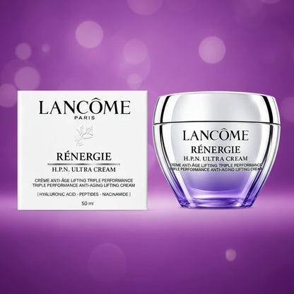 Lancome peptide firming cream 50ml with luxurious packaging on a purple background.