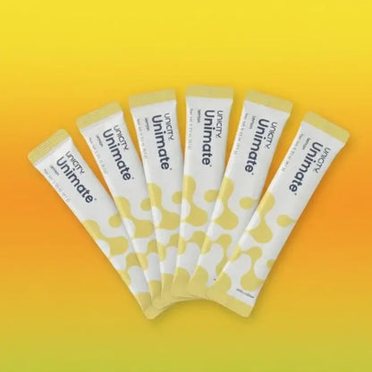 Unicity Unimate lemon drink mix stick packs, 30 count supply.