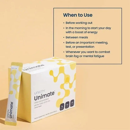 Unicity Unimate lemon drink mix packaging with product details.